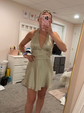 Zara Olive Satin Halter Mini Dress